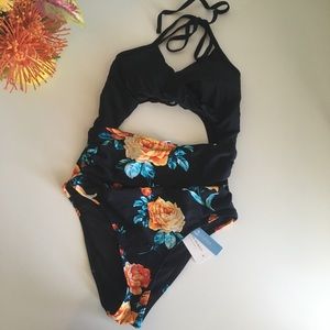 Black / Floral Cutout Cupshe One Piece Swimsuit